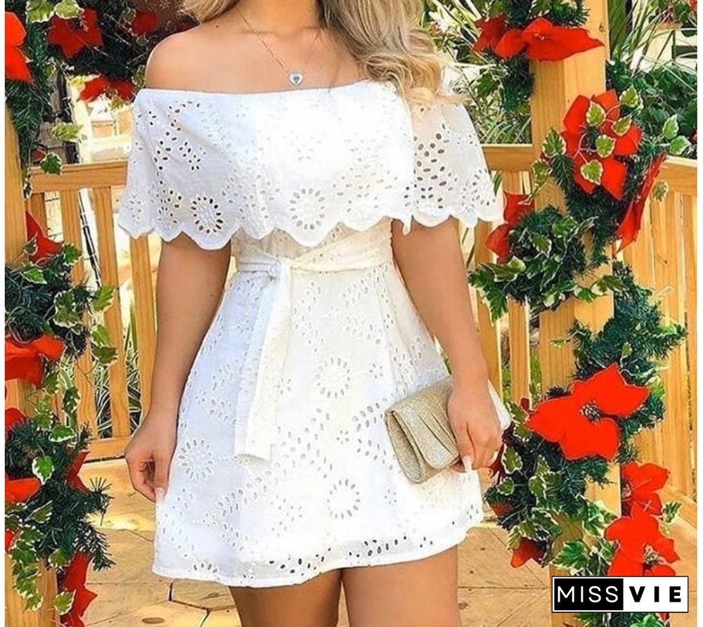 Women Elegant Fashion Chic Dress Off Shoulder Broderie Lace Mini Dress