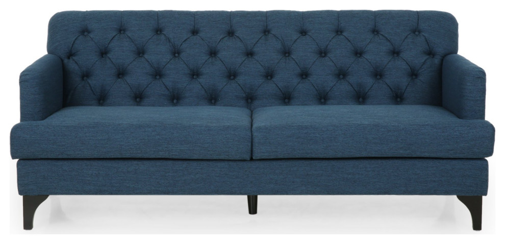 Contemporary Sofa  Navy Blue Polyester Seat With Diamond Button Tufted Back   Transitional   Sofas   by Decorn  Houzz