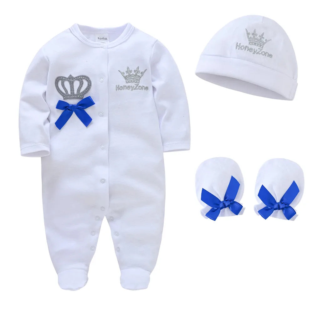 Honeyzone Baby Boy Girls Clothes Romper+Gloves+Hat 3 Pcs/lot Crown Design Cotton Bebe Clothing Long Sleeve Infant Jumpsuit