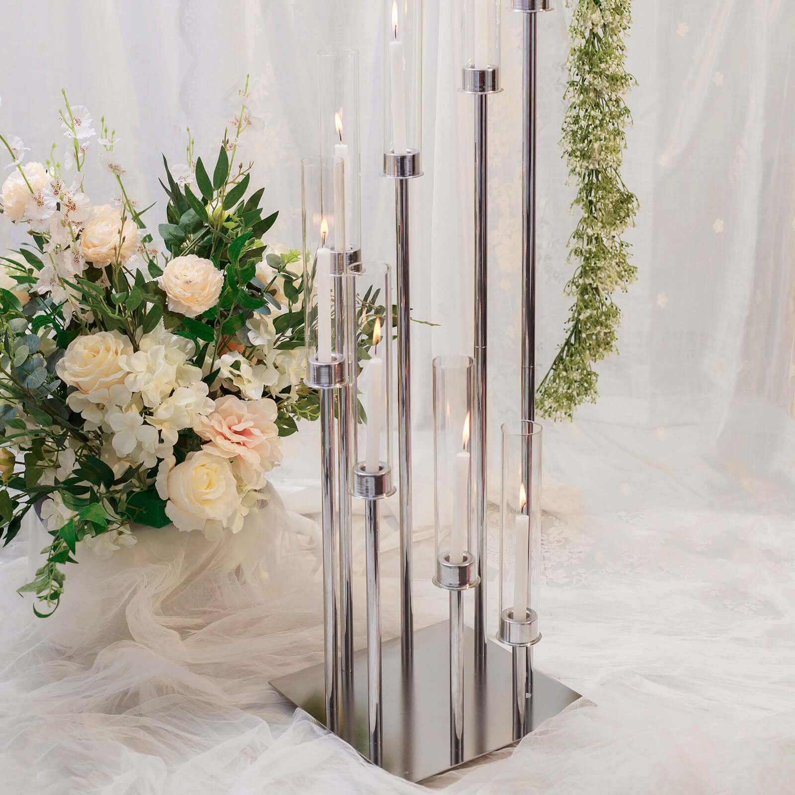 Silver 8 Arm Cluster Taper Candle Holder With Clear Glass Shades, Large Candle Arrangement 42