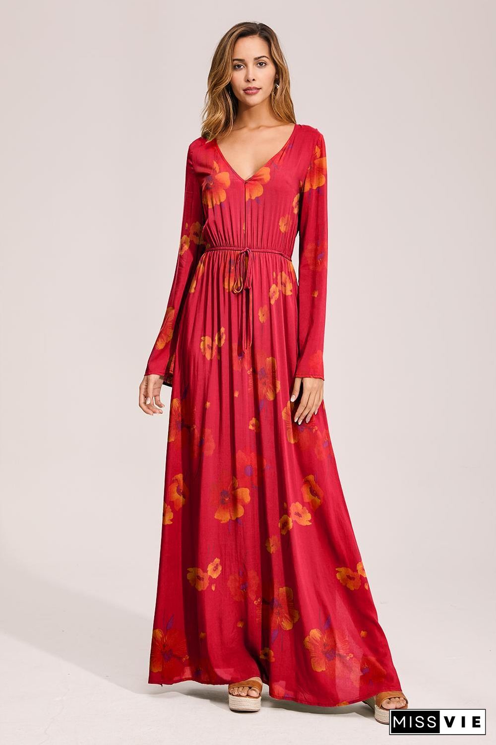 Floral Deep Long Sleeves Tie Back Ruffled Hem Maxi Dress