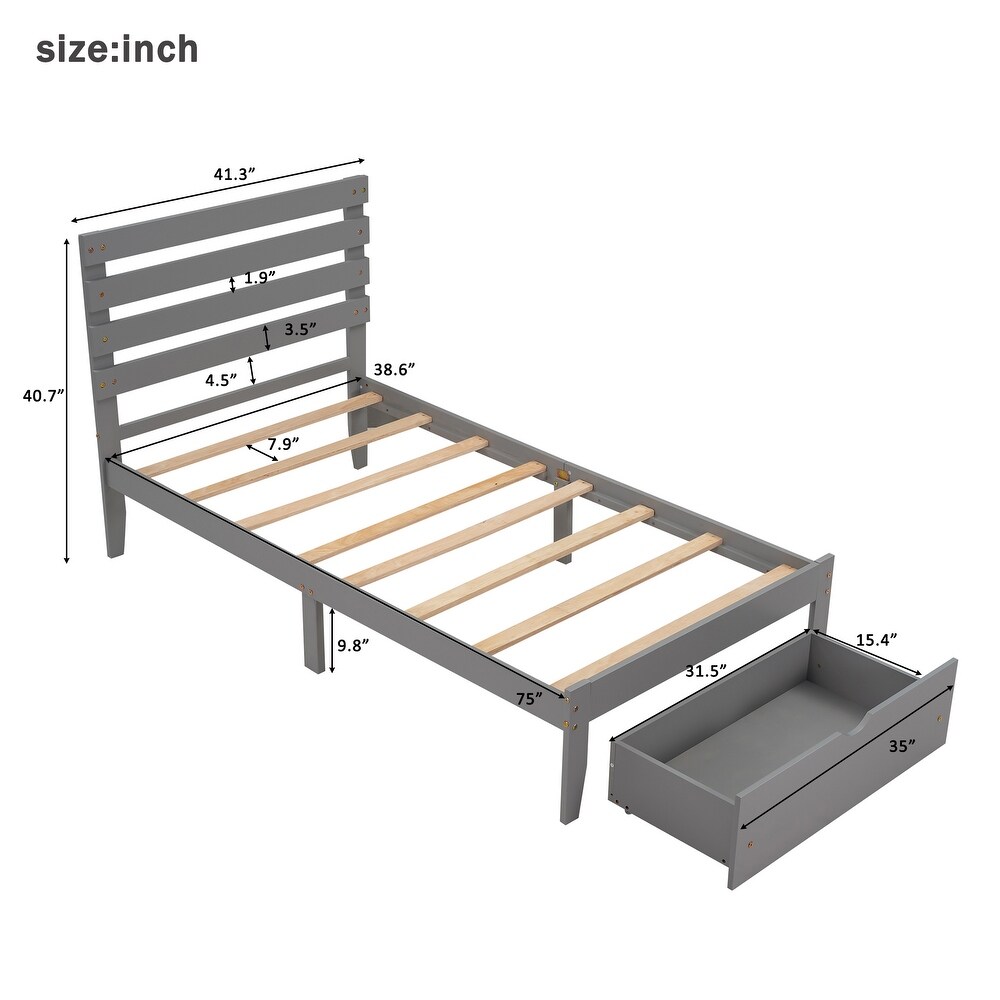 Modern Twin Platform Storage Bed with Footside Drawer  Wood Panel Bed for Small Aprtment Dorm Bedroom