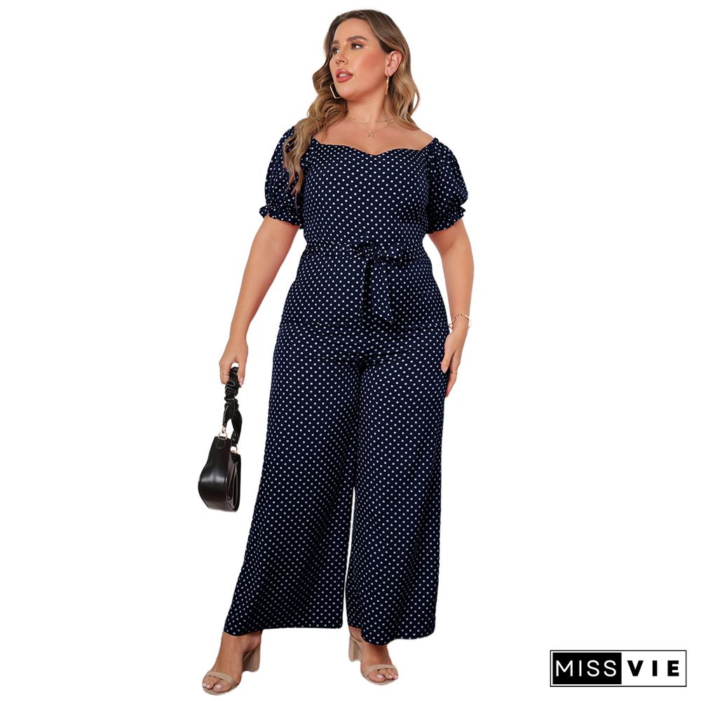 Dot Print Short Sleeve Slash Neck Wide Leg Jumpsuit