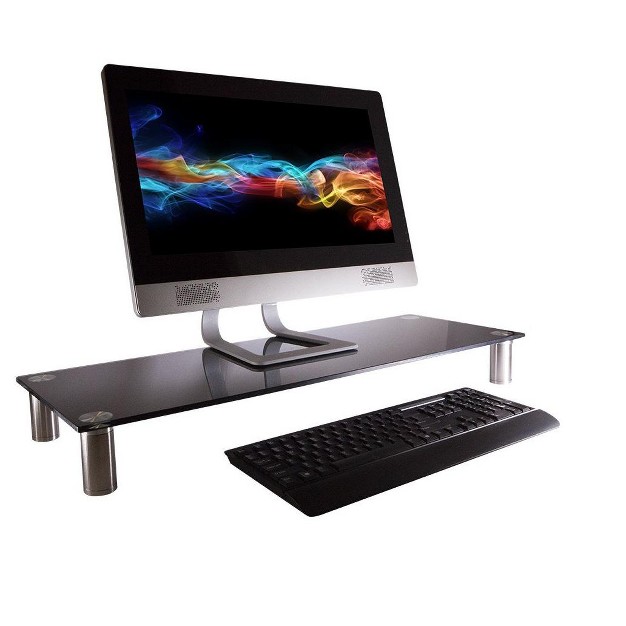 Monoprice Large Multimedia Desktop Stand Black Glass 30 8 X 11in Stand amp Riser Desktop Tv Stand Dual Monitors W Height Adjustable Legs