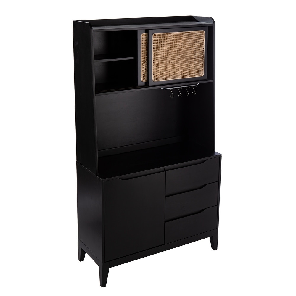 SEI Furniture Transitional Black Wood Rattan Storage Buffet Cabinet