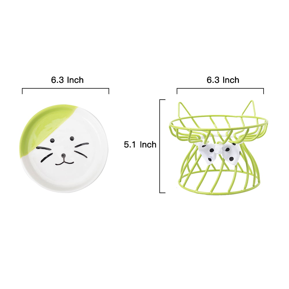 Feelers Cat Bowls, Raised Ceramic Cat Dish with Metal Stand, Elevated Cat Food Bowl for Indoor Kitten, Cat, and Small Dog, Dishwasher Safe, Green