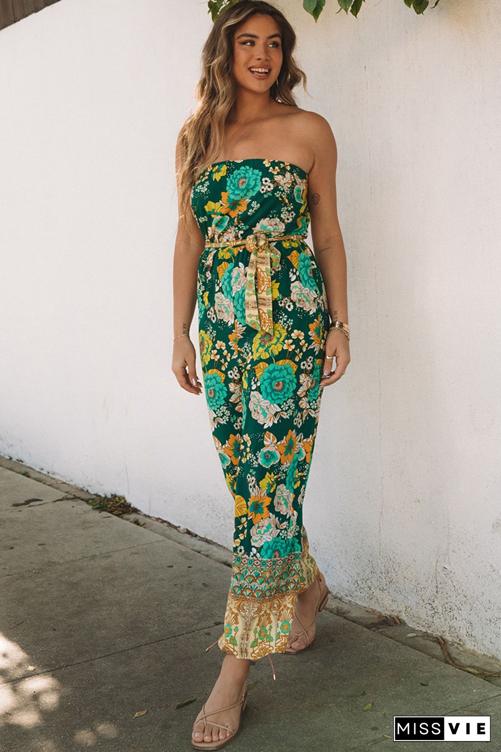 Green Boho Floral Belted Strapless Jumpsuit