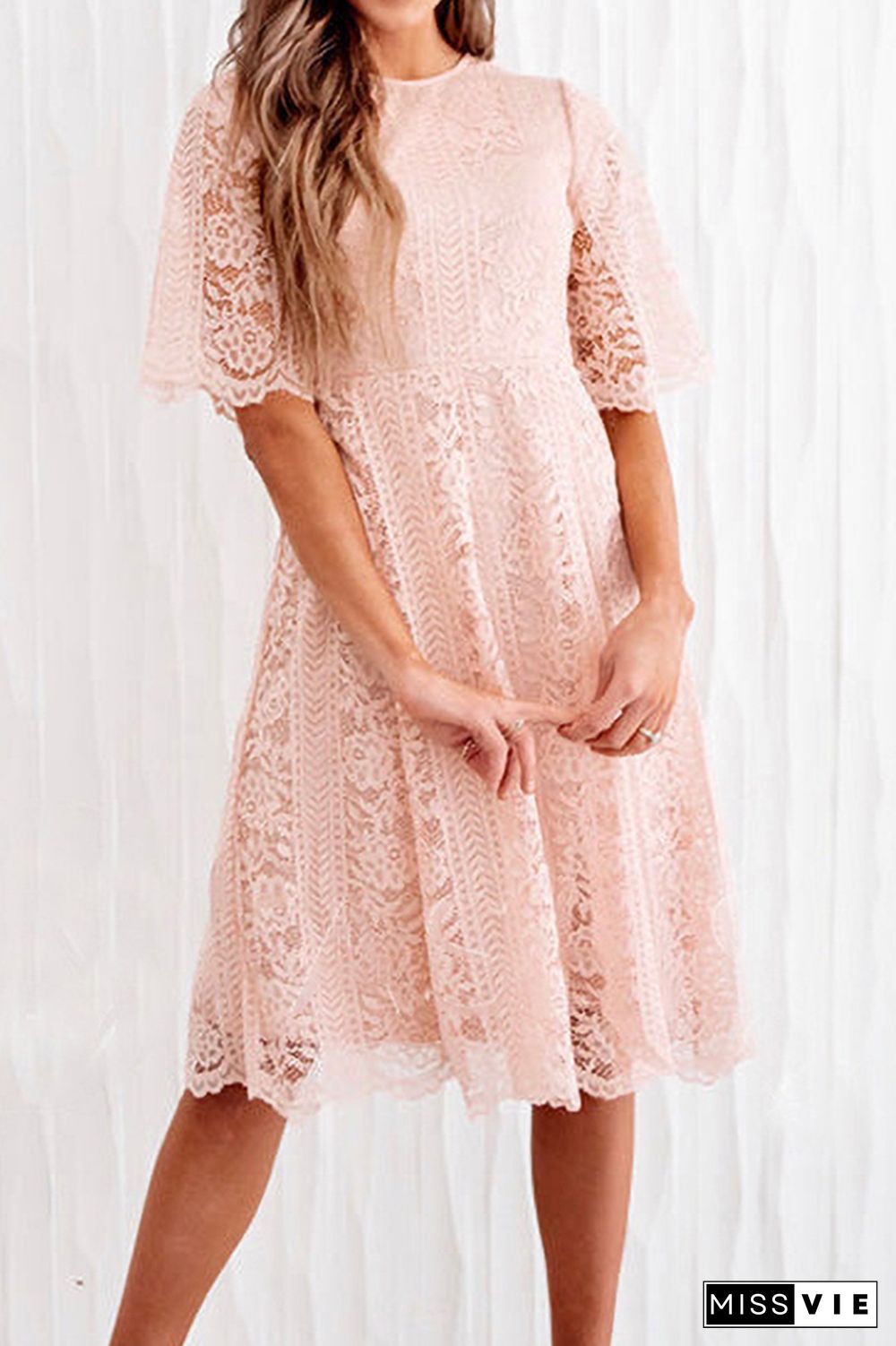 Casual Solid Lace O Neck Cake Skirt Dresses(3 colors)