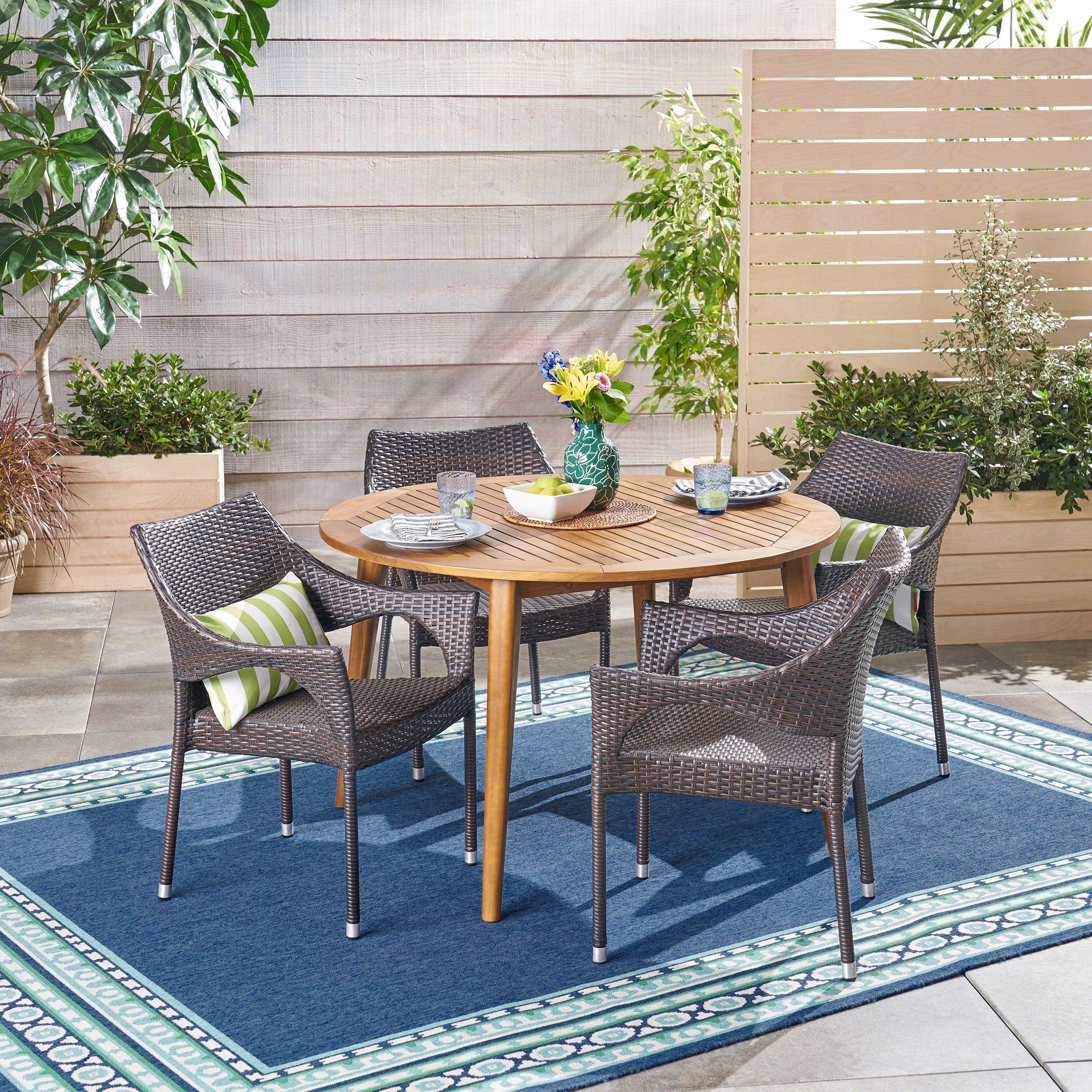 Nix Outdoor 5 Piece Wicker Dining Set with Round Acacia Wood Slat Top Table