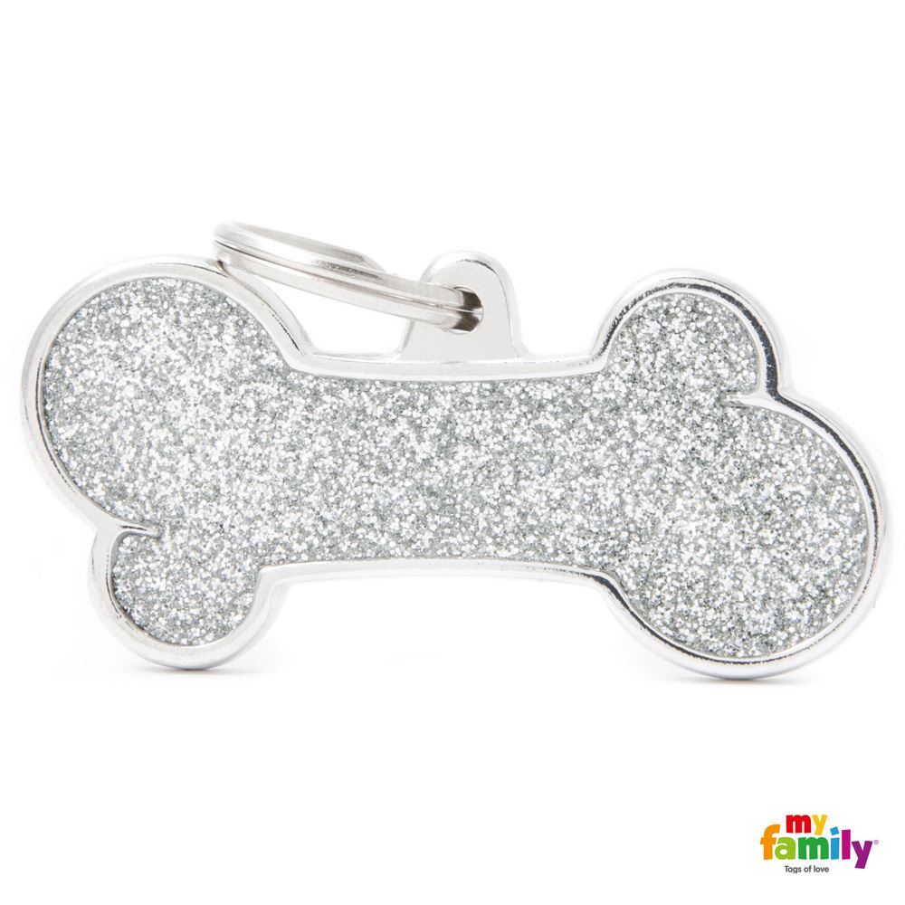 Silver Glitter X-Large Bone Dog Tag