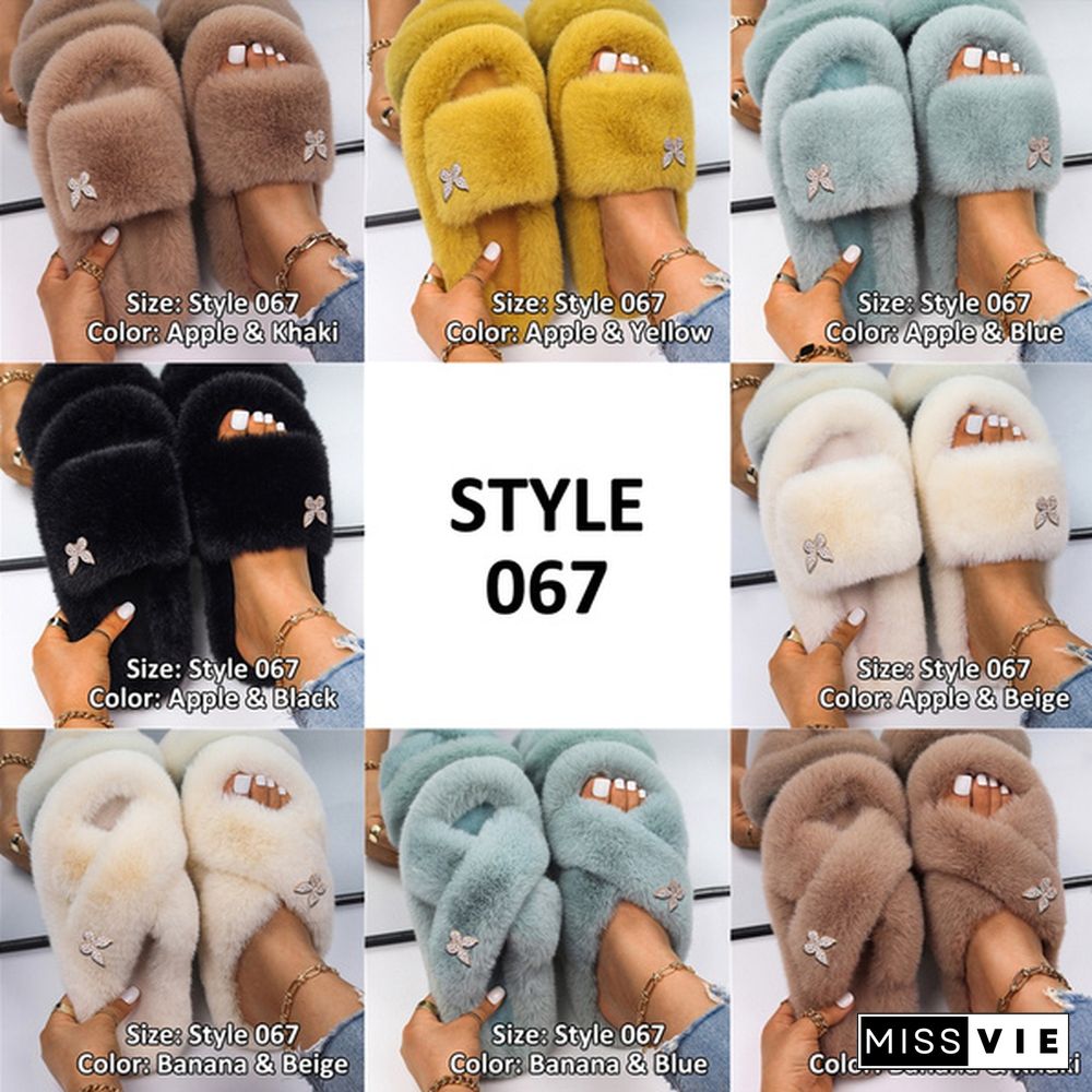 Fluffy Warm Women Home Slippers Fur Rhinestone Crystal Platform Shoes Indoor Flip Flops Female Soft Casual Slides Cotton Fur Slippers