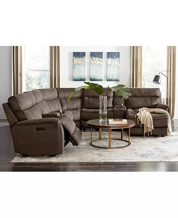 Furniture Hutchenson 4-Pc. Fabric Chaise Sectional with 2 Power Recliners Power Headrests and Console