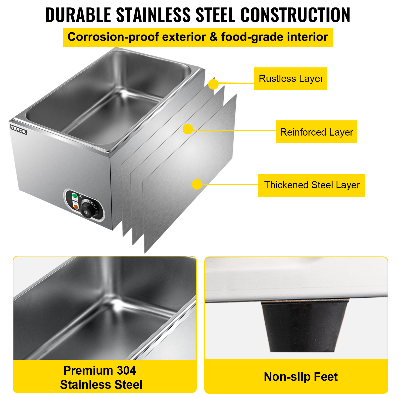 VEVORbrand Commercial Food Warmer， 27 qt Steam Table Warmer， Full Size Countertop Food Warmer， Stainless Steel Electric Steam Table， 1200W Buffet Food Warmer with Lid for Catering and Restaurant