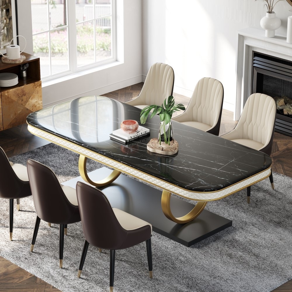 Modern Black Marble Dining Table for 6 10 with Rectangular Tabletop Dual Circle Base