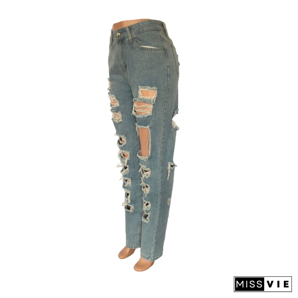 High Waist Streetwear Ripped Hole Jeans Pants