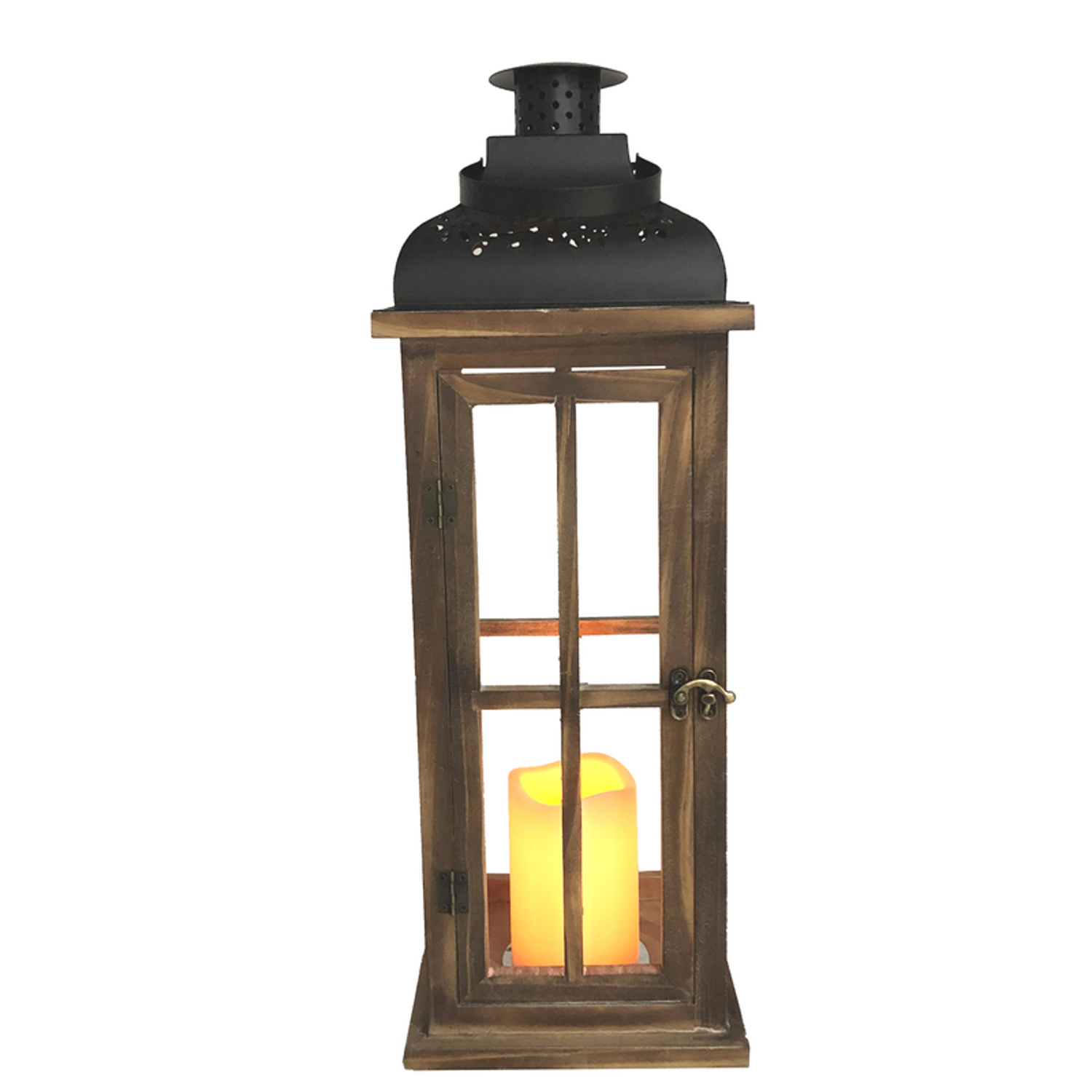 Meadow Creek 20 in. Metal/Wood Decorative Lantern Black/Brown