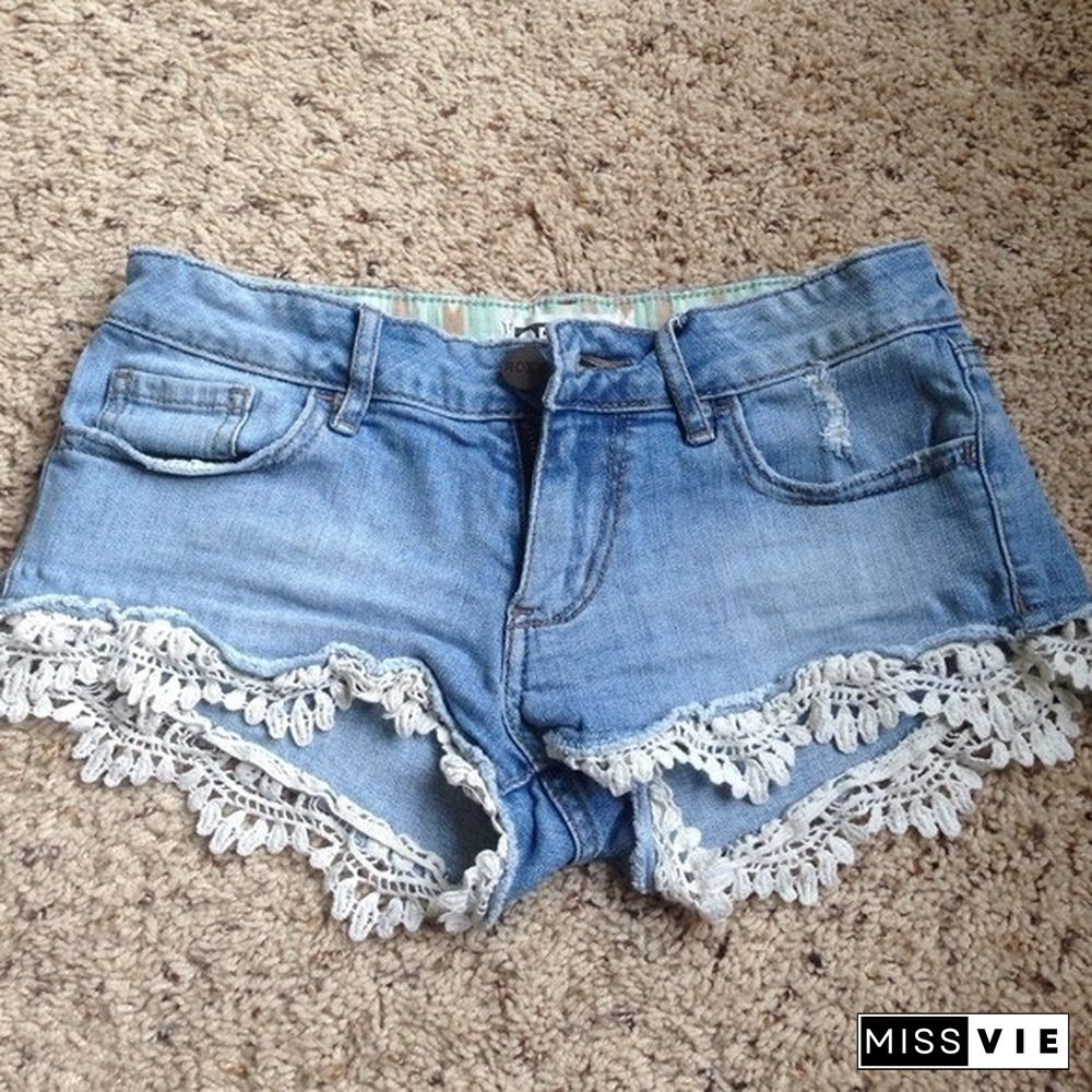 Women Sexy Pachwork Denim Shorts Lace Trouser