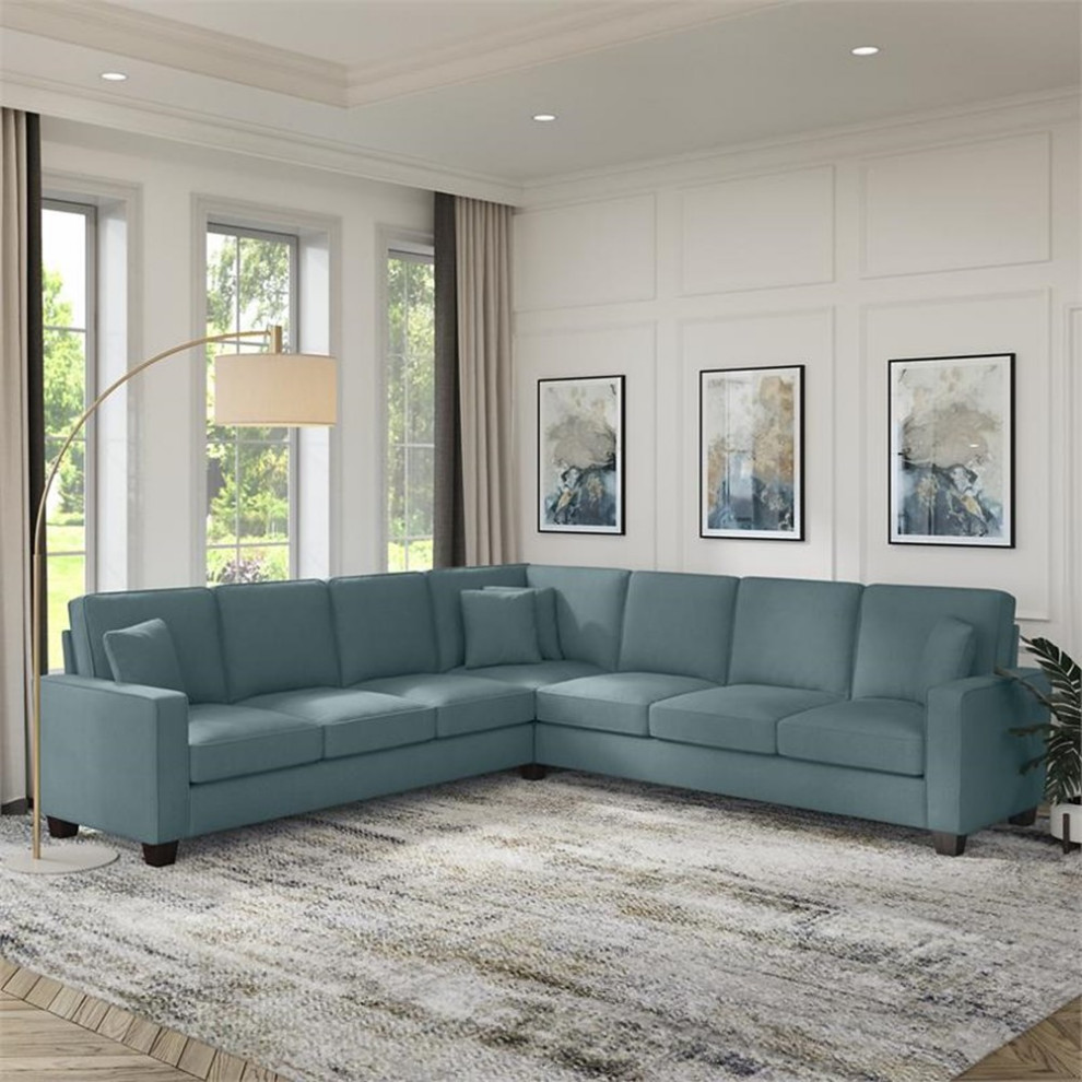 Pemberly Row 110W L Shaped Sectional Couch in Turkish Blue Herringbone Fabric   Transitional   Sectional Sofas   by Homesquare  Houzz