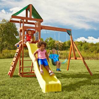 Swing-N-Slide Playsets Scrambler Deluxe Complete Wooden Outdoor Playset with Slide Rock Wall Swings and Backyard Swing Set Accessory PB 8000