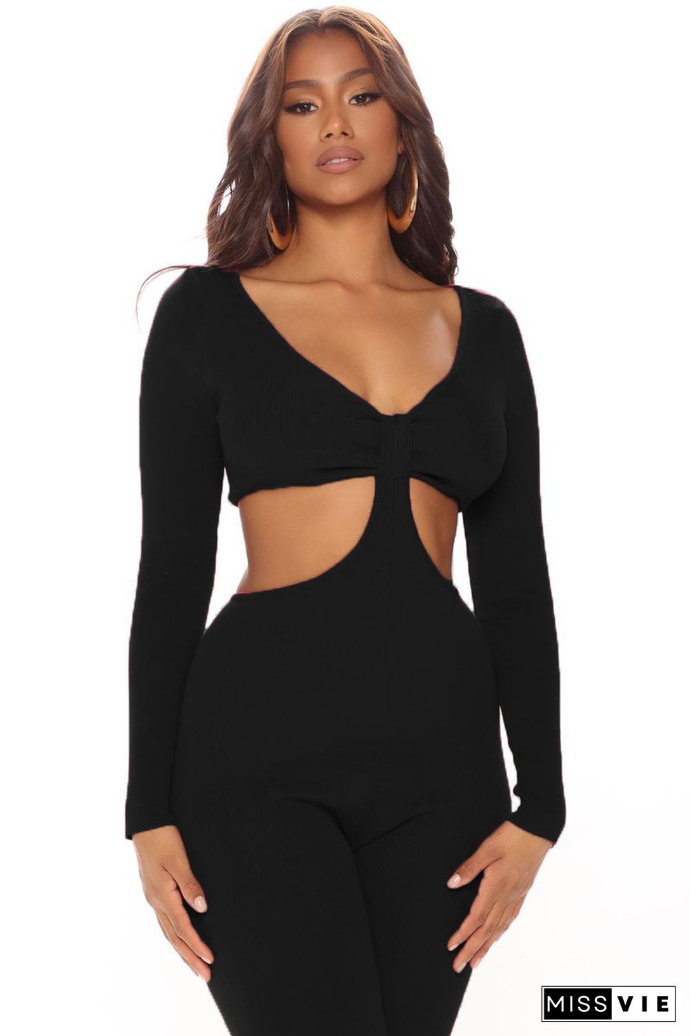 V Neck Long Sleeve Hollow Out Bodycon Jumpsuits