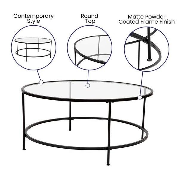 Glass Living Room Coffee Table with Round Metal Frame