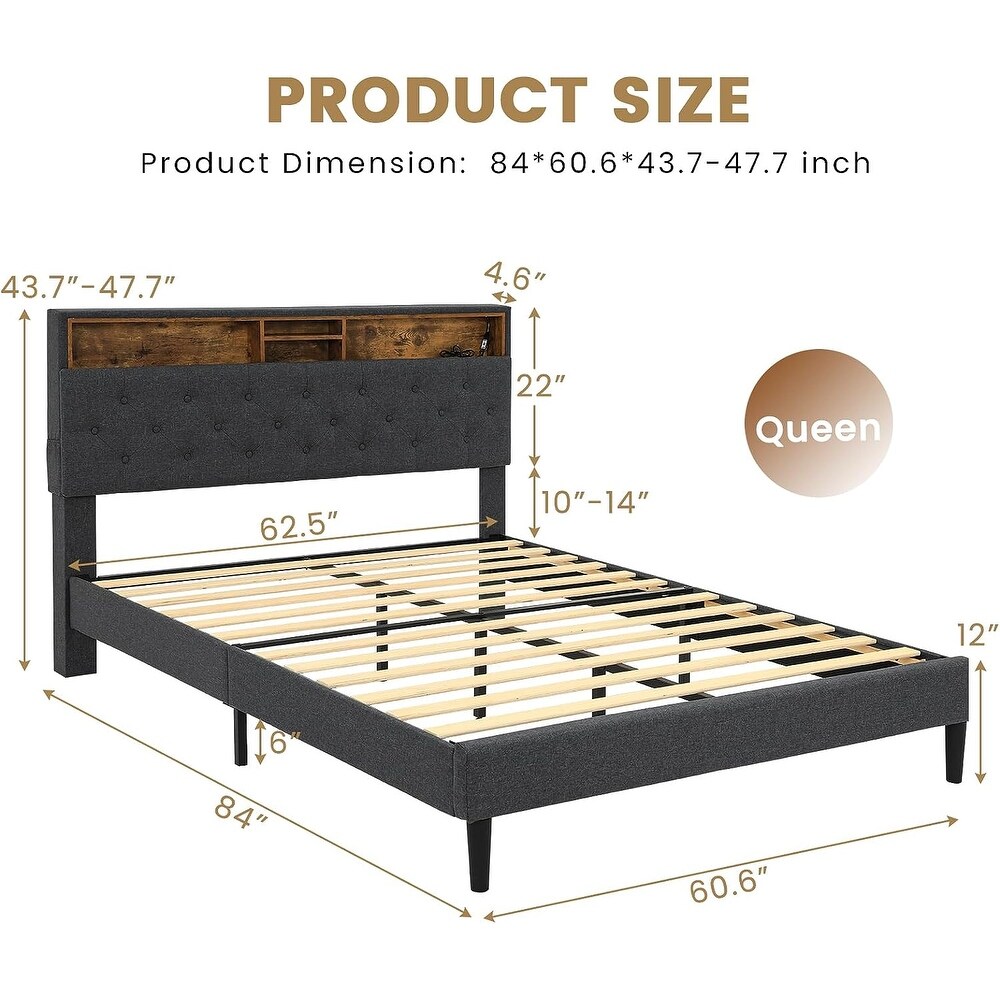 Queen Platform Bed Frame LED Light Headboard Storage Shelves