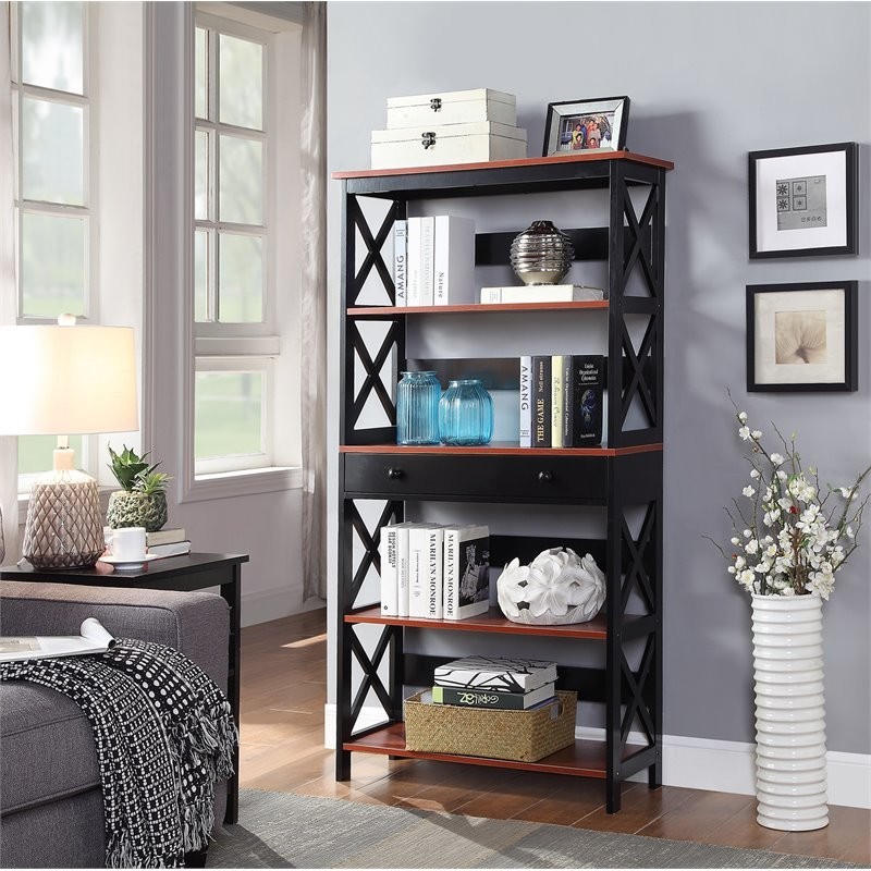 Convenience Concepts Oxford Five Tier Bookcase in Cherry and Black Wood Finish   Transitional   Bookcases   by Homesquare  Houzz