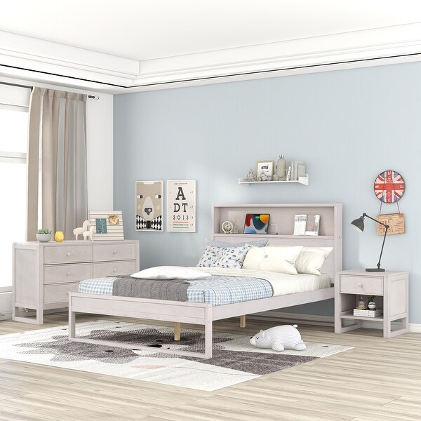 3-Pieces Bedroom Sets Full Platform Bed with Nightstand and Dresser - - 36514469