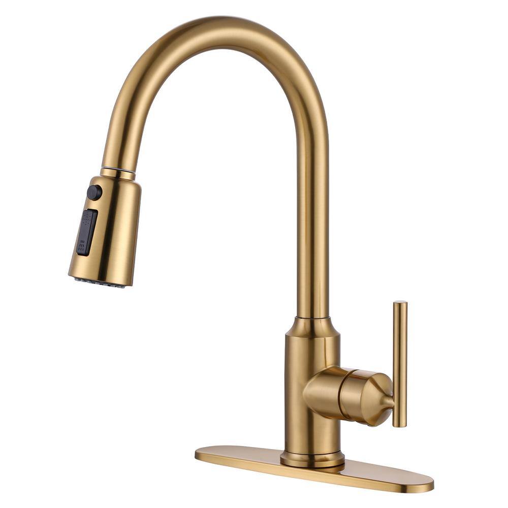 WOWOW Single-Handle Wall Mount Gooseneck Pull Down Sprayer Kitchen Faucet with Deckplate Included in Brushed Gold 2312701G-AMUS