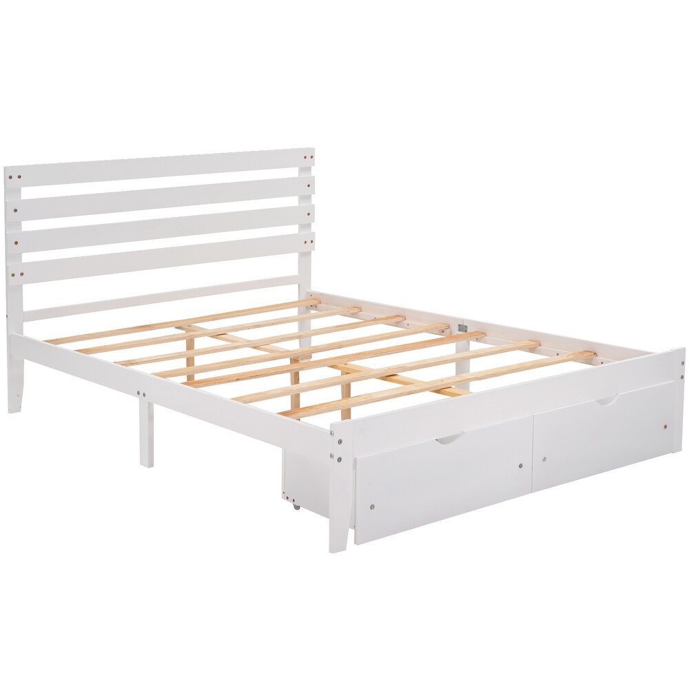 Solid Pine Platform Bed Frame with 2 Storage Drawers   Headboard