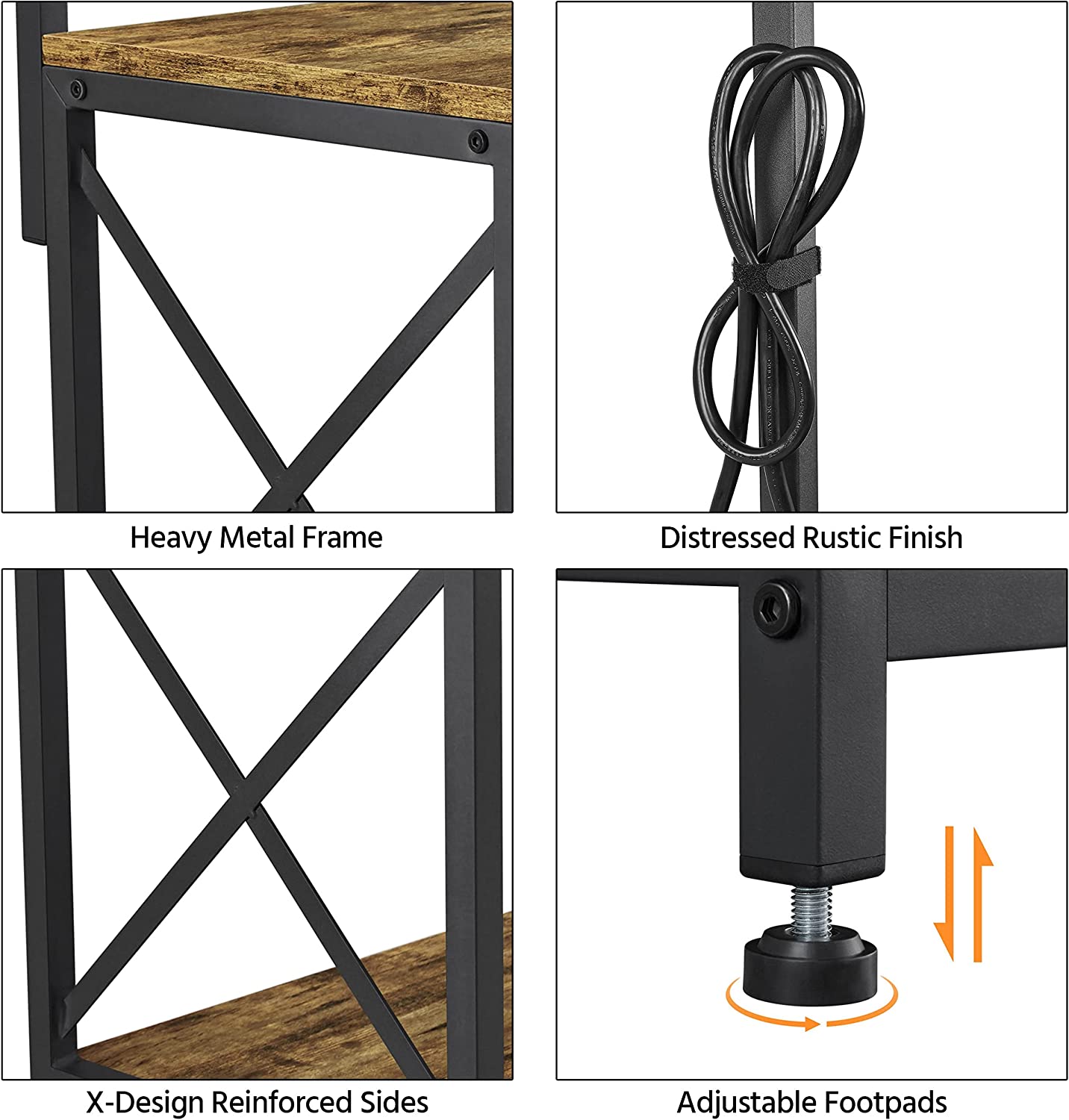 4-Tier Kitchen Bakers Rack with Power Outlet， Microwave Oven Stand Kitchen Storage Rack with Hooks for Dining Room， Spices， Pots， Pans， Brown