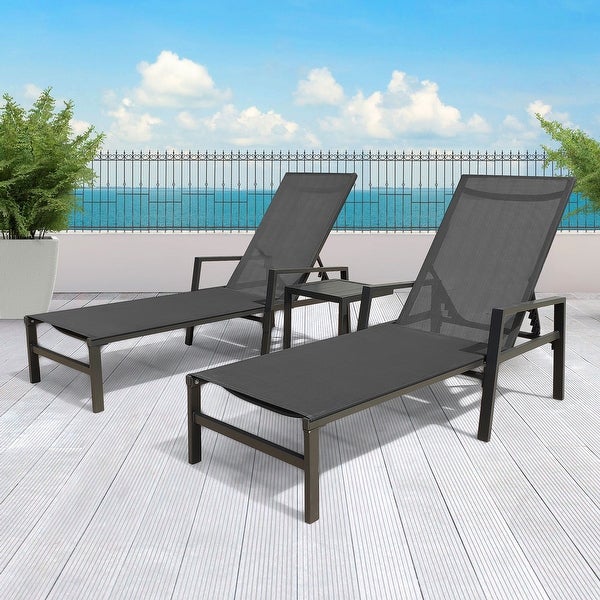 3 Pieces Set Grey Outdoor Adjustable Aluminum Recliners， Chaise Lounge Chairs With Table