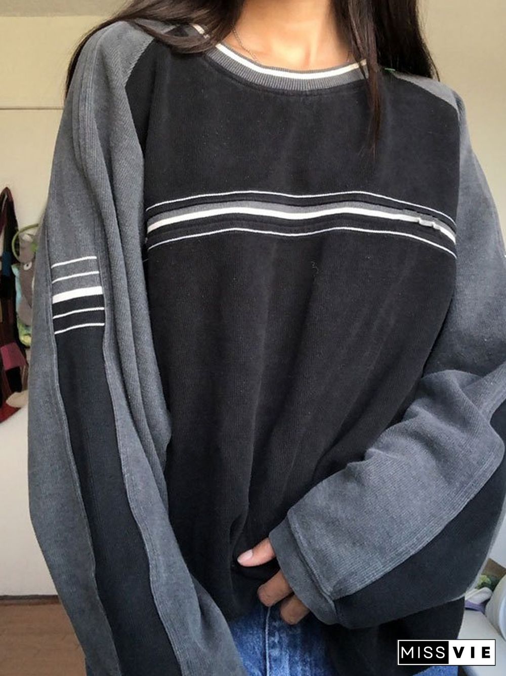 Patchwork Striped Crew Sweatshirt