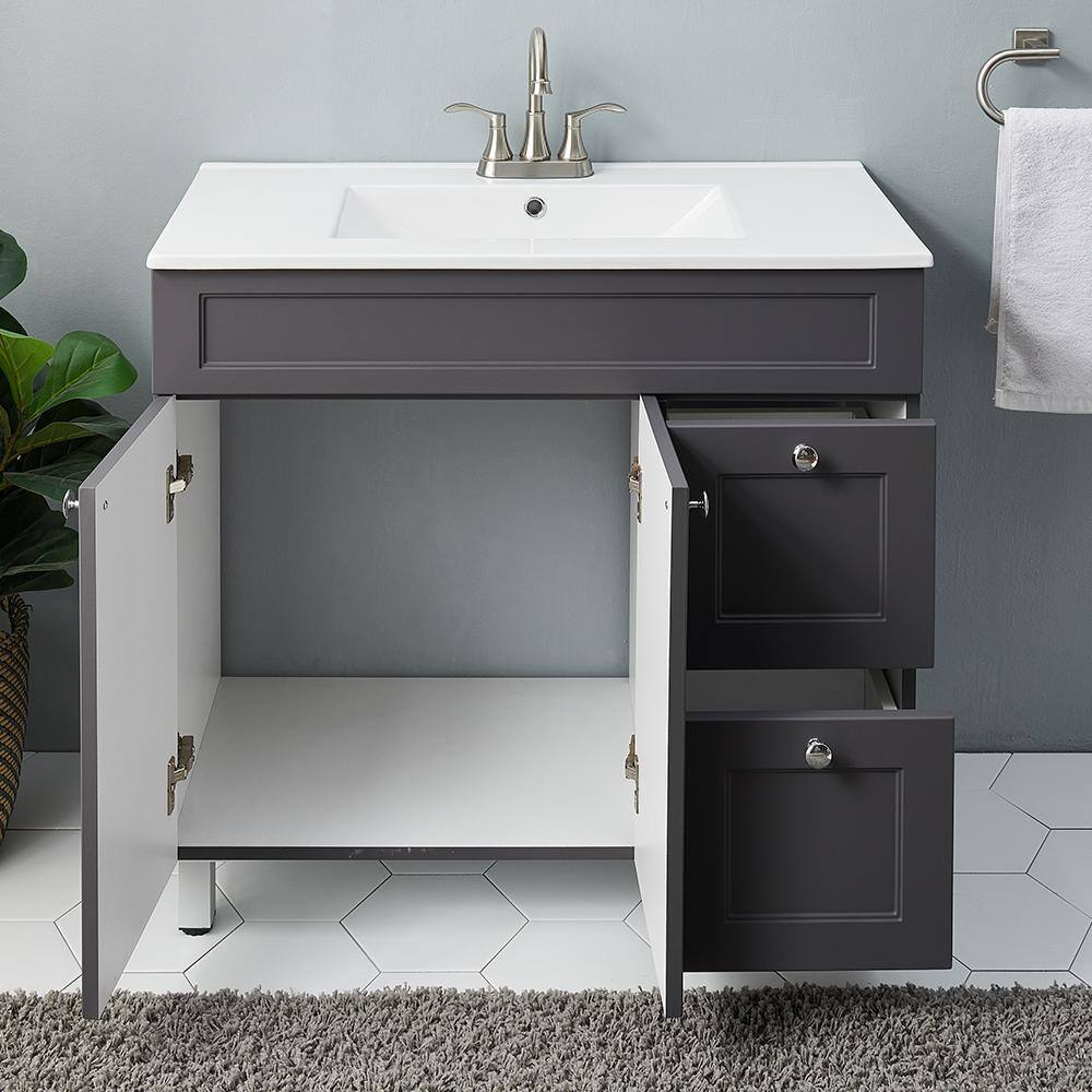 VC CUCINE 35 in. W x 18 in D. x 32 in. H Bathroom Vanity in Gray with White Ceramic Top HESEBC047-ZC90E-3