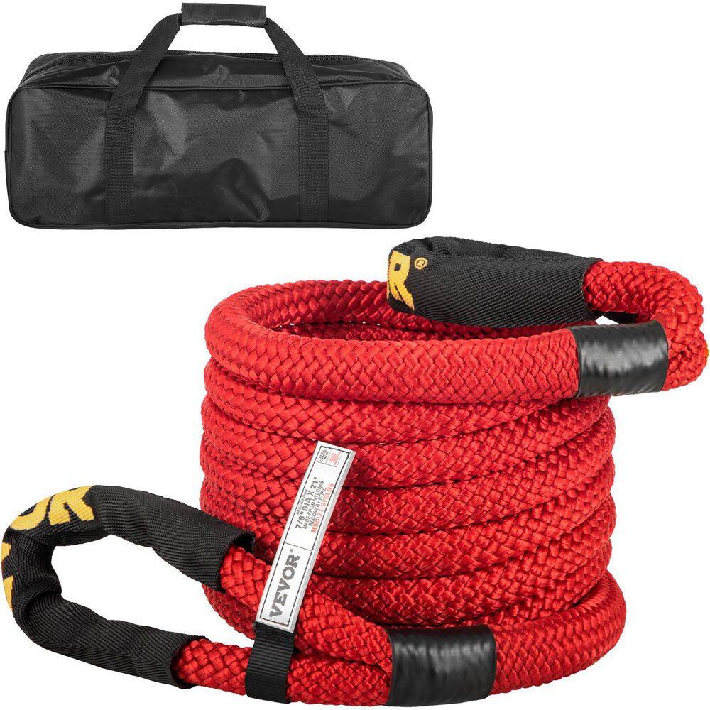 VEVOR 78 in. x 21 ft. Kinetic Recovery Rope 21970 lbs. Heavy Duty Nylon Double Braided Kinetic Energy Rope w Carry Bag Red JYSBLS2197022UJK7V0