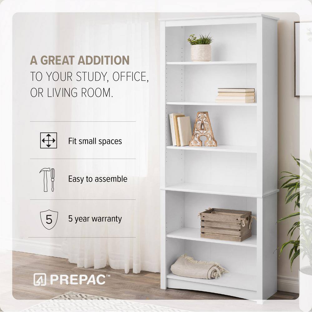 Prepac Home Office 31.5 in. in Wide White 6-Shelf Standard Bookcase WDL-3277-K