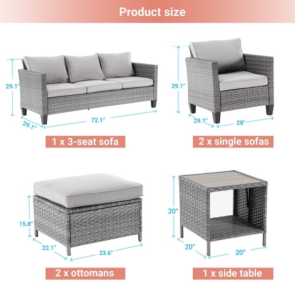 AOOLIMICS 6Pcs Patio Outdoor Furniture Gray Rattan Ottoman Seating Sofa Set