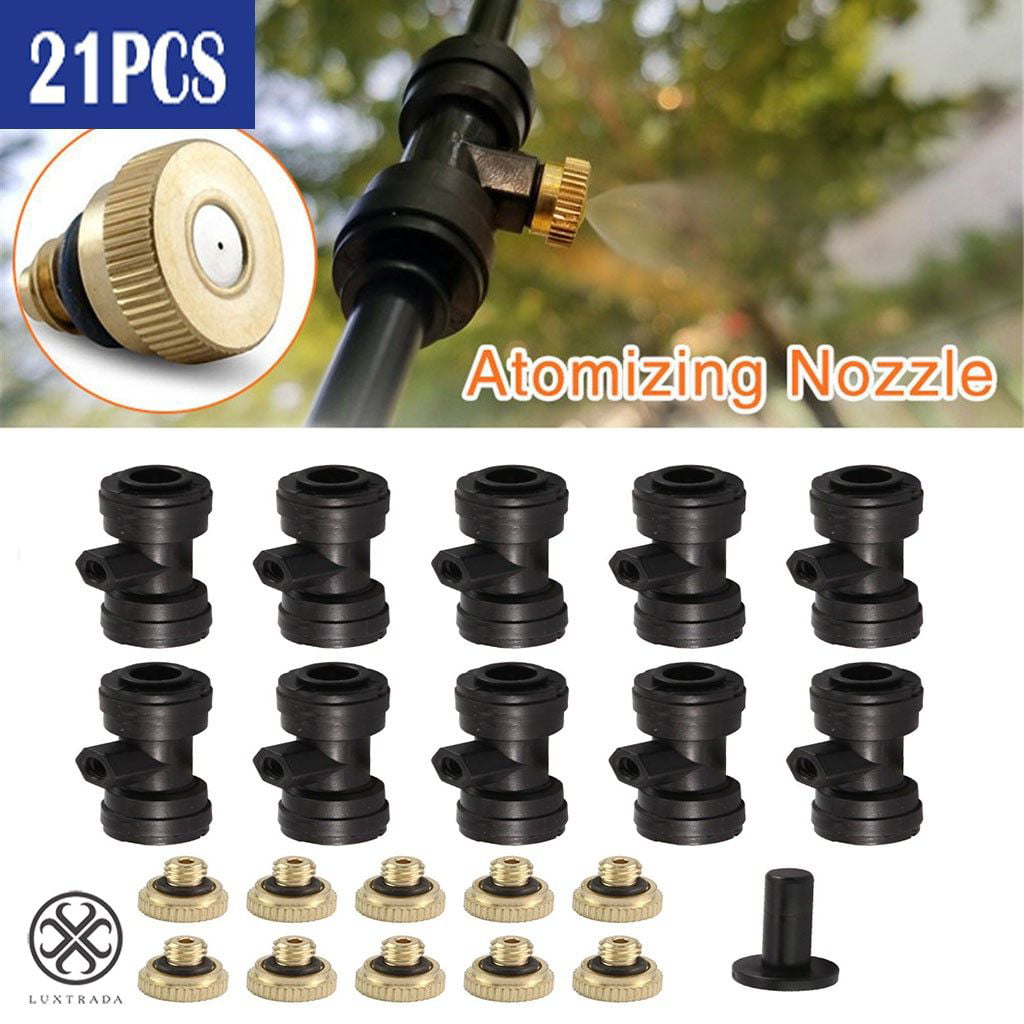 Luxtrada Water Brass Misting System Mister Nozzle with 1/4'' Slip-Lock， Threaded 10/24 UNC Mist Nozzle Opening， 10 Mist Nozzle + 10 Mist Seat + 1 Plug， Mist Nozzle Kit for Outdoor Patio Cooling System