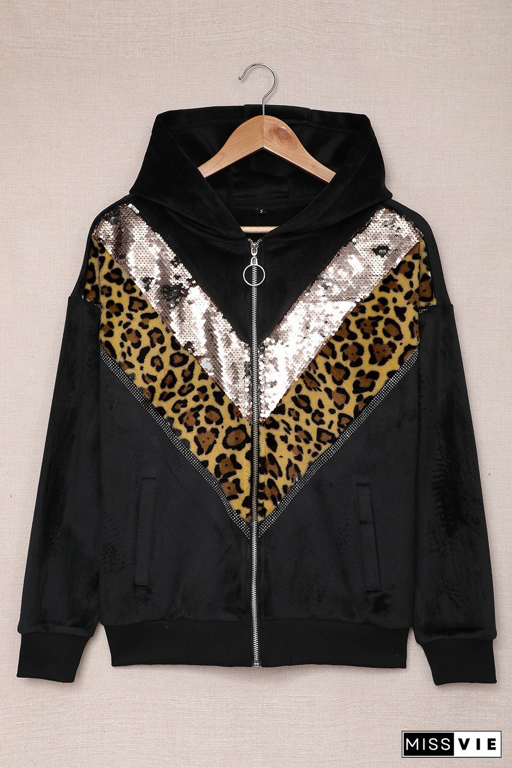 Chevron Sequin Leopard Patchwork Zip up Jacket