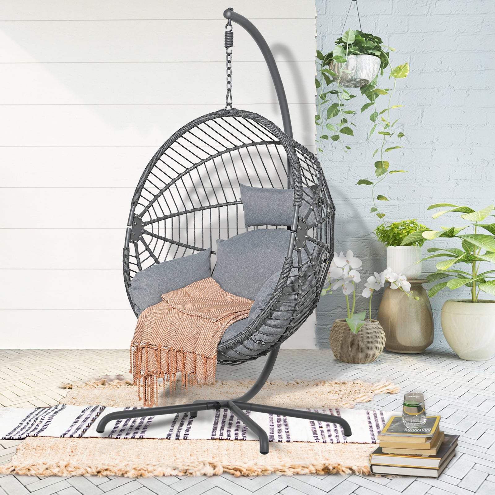 Patio Swing Egg Chair with Stand, Oversized Cocoon-Shaped Hammock Chair with Cushion, Dark Gray