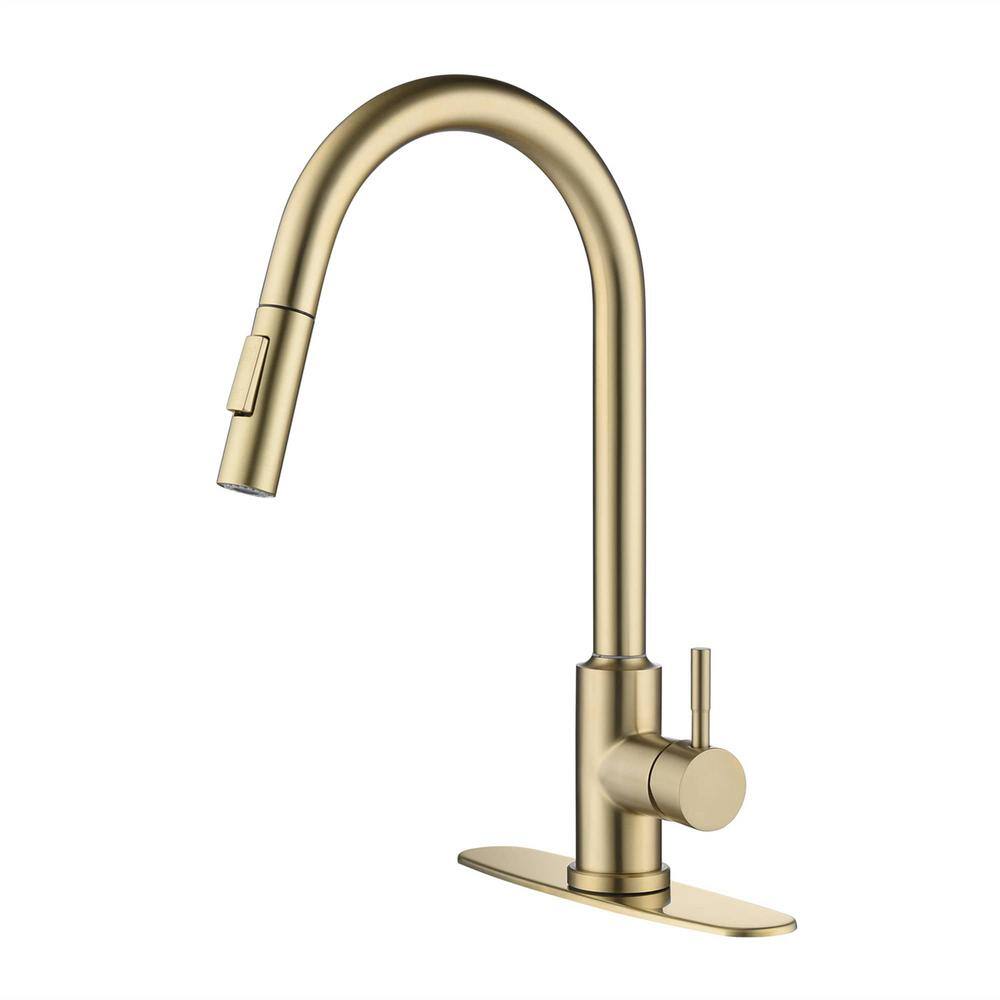 FLG Single Handle Touch On Pull Down Sprayer Kitchen Faucet with Pull Out Spray Wand Stainless Steel Taps in Brushed Gold DD-0027-BG