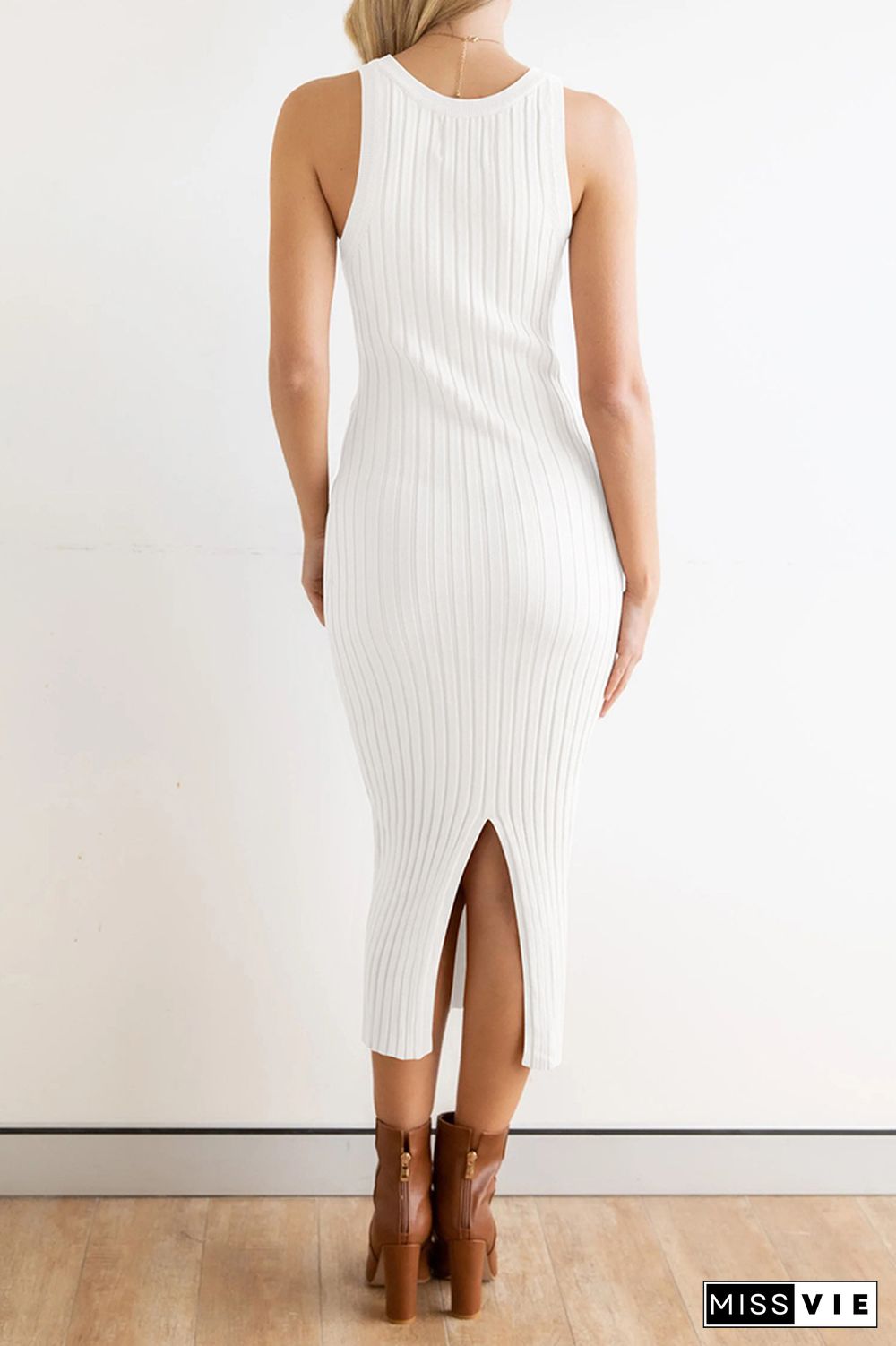 Plain Rib Knit Split Sleeveless Midi Dress