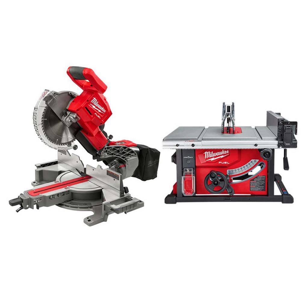 MW M18 FUEL 18V Lithium-Ion Brushless 10 in. Cordless Dual Bevel Sliding Compound Miter Saw with 8-14 in. Table Saw 2734-20-2736-20