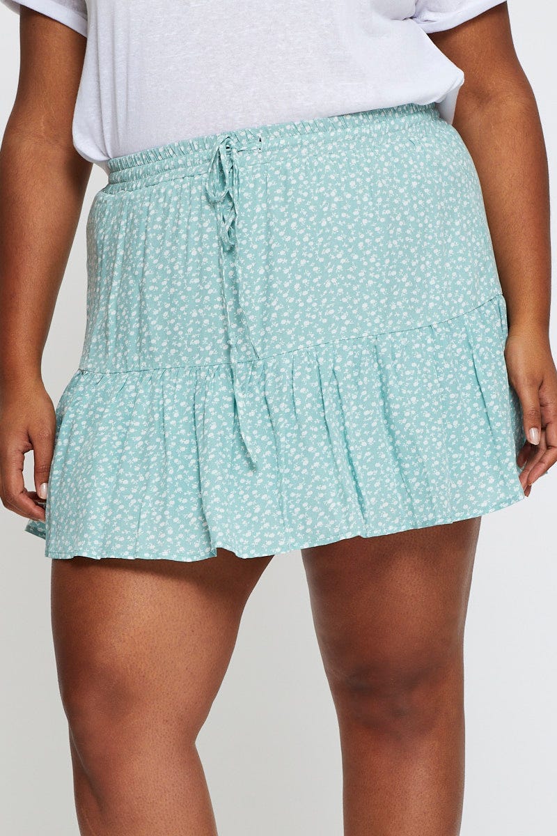 Floral Print Mini Skater Skirt Elastic Waist