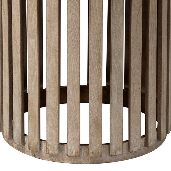 Side Table with Slatted Design Drum Silhouette， Washed brown