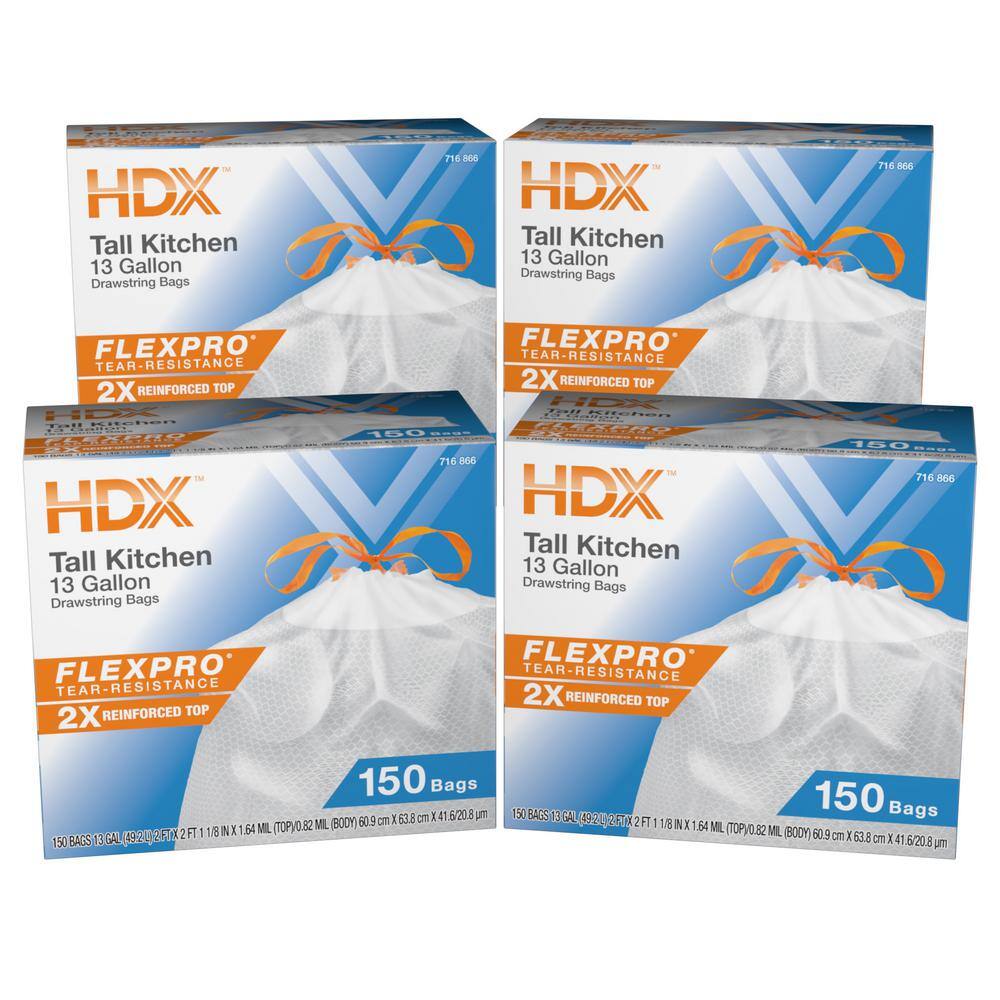 HDX FlexPro 13 Gal. Reinforced Top Drawstring Kitchen Trash Bags (600-Count) HD13XHF150W-4PK