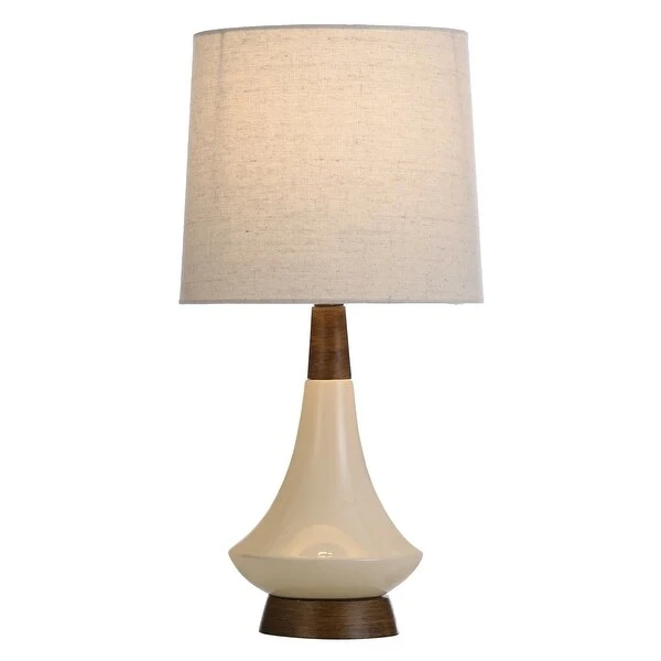 Poly Resin and Ceramic Table Lamp - Faux Wood， Cream Finish - White Hardback Styrene Shade