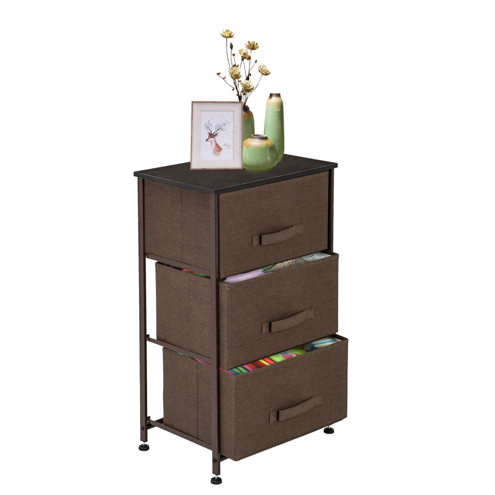 Veryke Modern Wood Finish 3 Drawer Dresser with Easy Pull Fabric Bins, Nightstand for Bedroom, Hallway, Brown