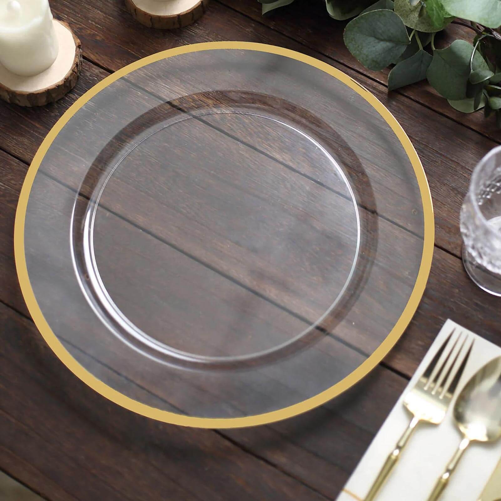 10 Pack Clear Economy Plastic Charger Plates With Gold Rim, Round Dinner Chargers Event Tabletop Decor - 12