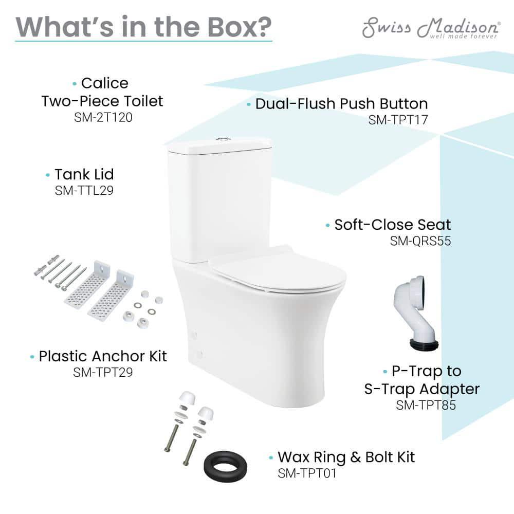 Swiss Madison Calice 2piece 08128 GPF Dual Flush Elongated Toilet in White Seat Included